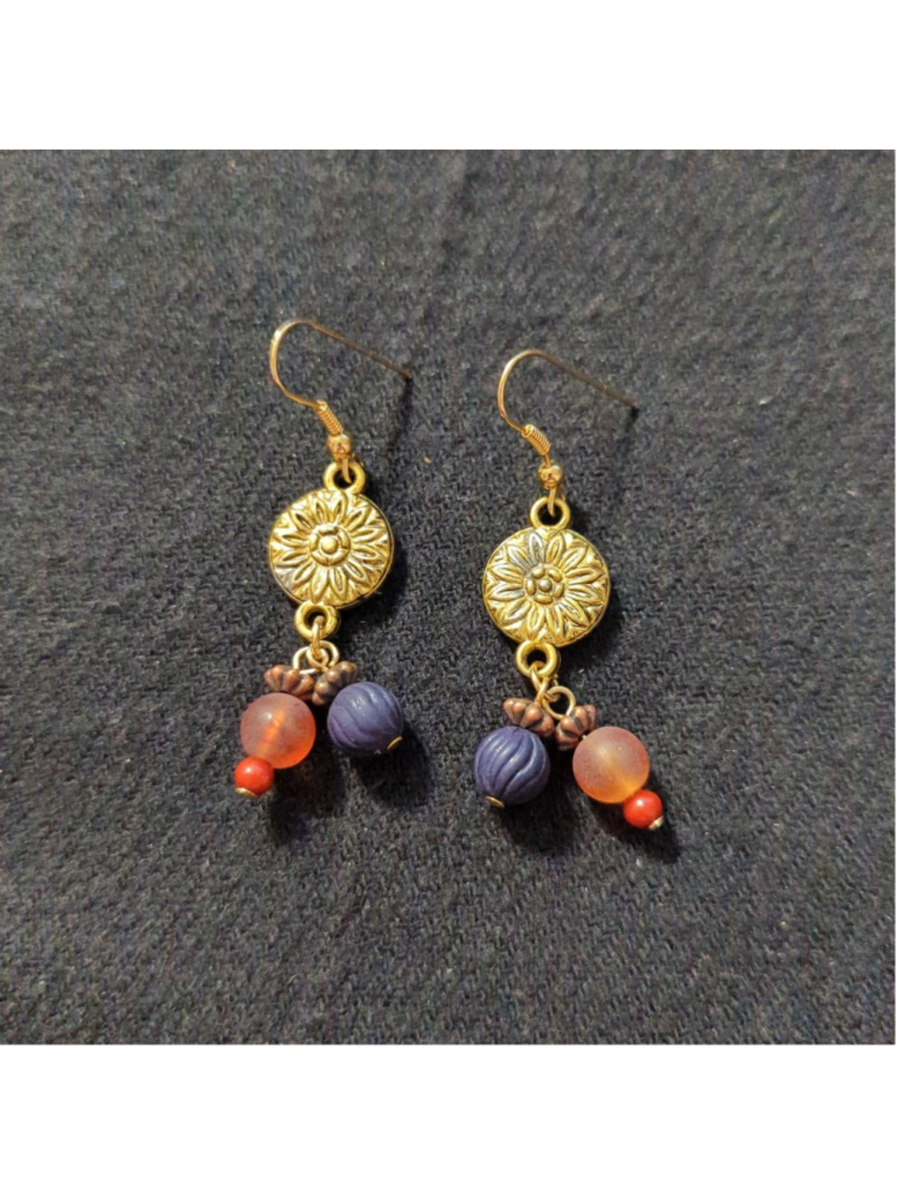 Gold Tone Blue and Orange Beaded Sunflower Dangle Statement Earrings
